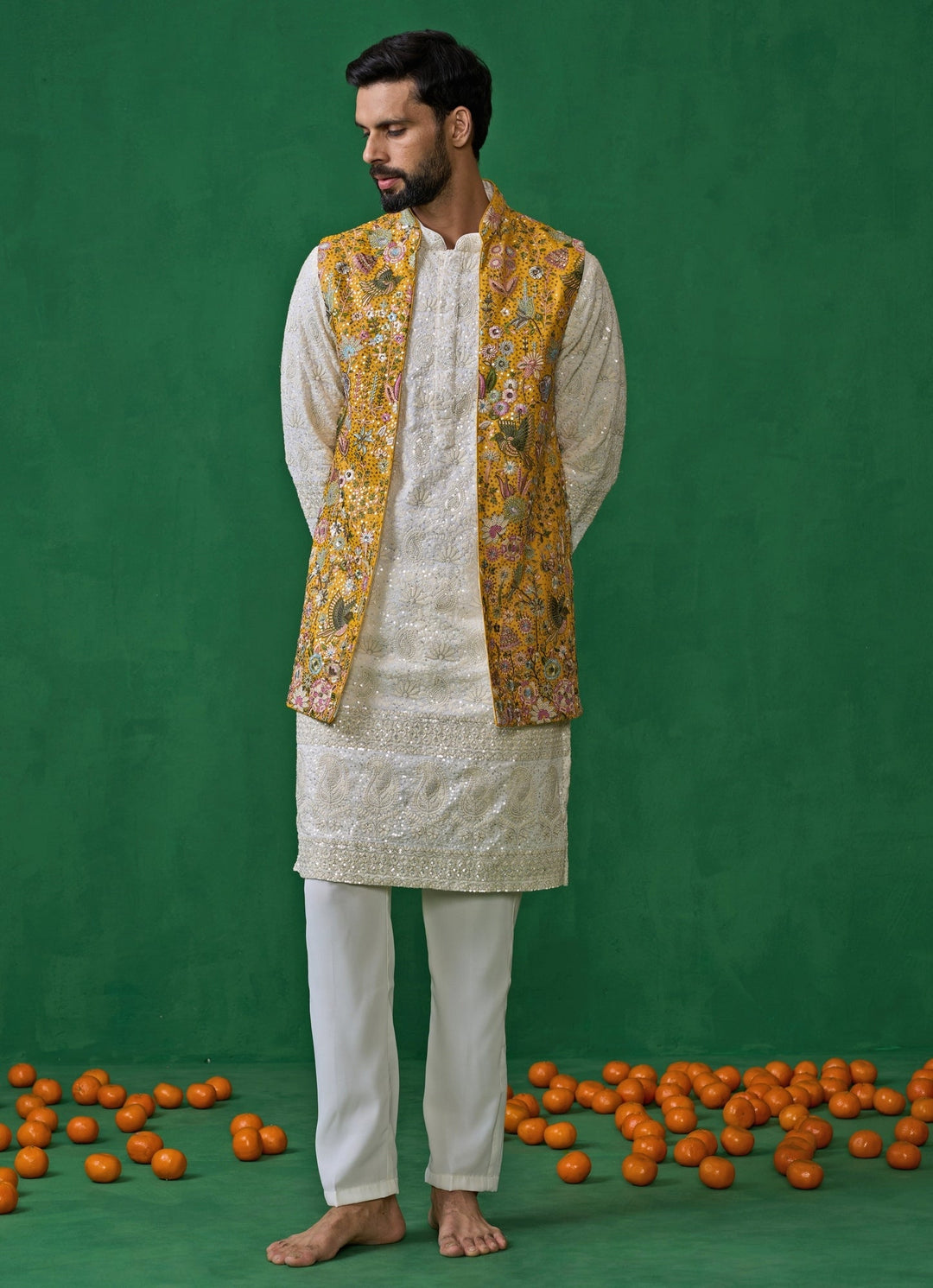 Yellow And Ivory Floral Embroidered Georgette Kurta Jacket Set Kalpraag - Fabilicious Fashion