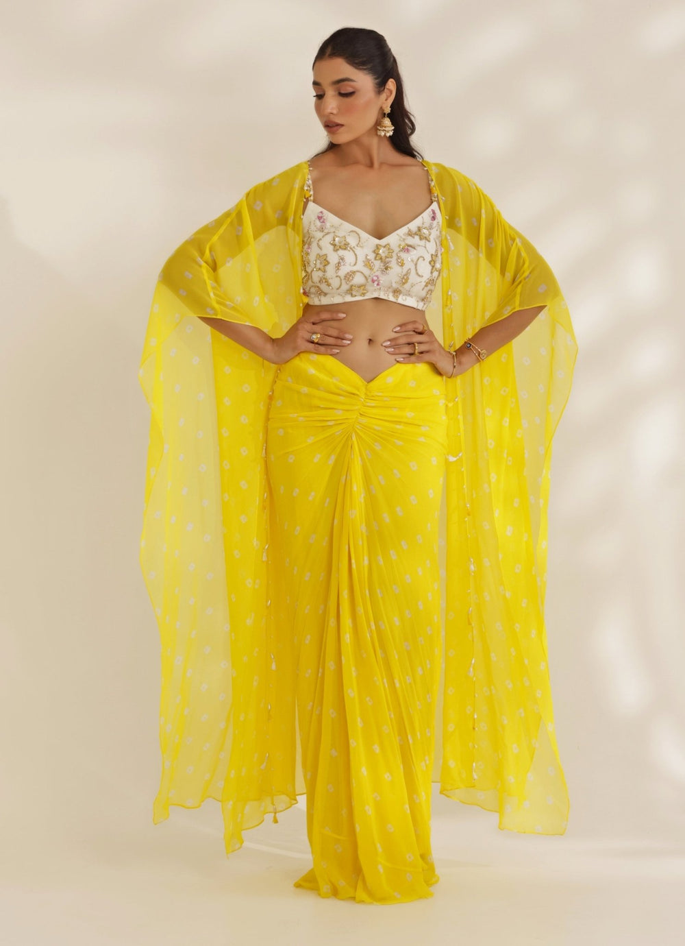 Yellow And Ivory Georgette Embroidered Drape Skirt Set Manisha Soni - Fabilicious Fashion