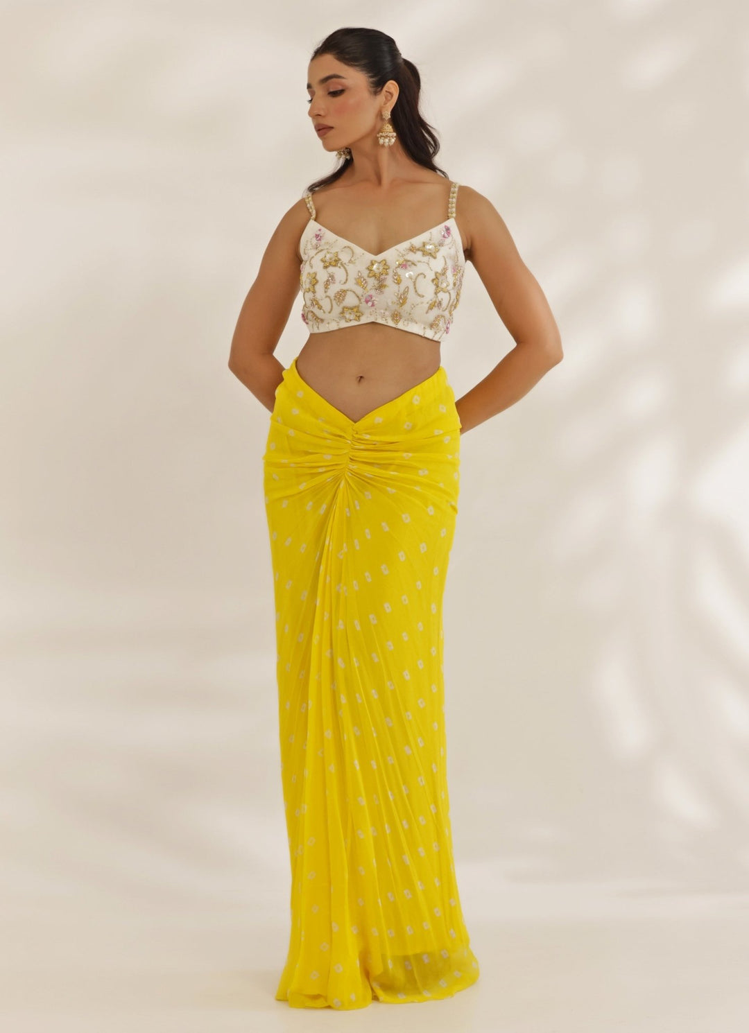 Yellow And Ivory Georgette Embroidered Drape Skirt Set Manisha Soni - Fabilicious Fashion