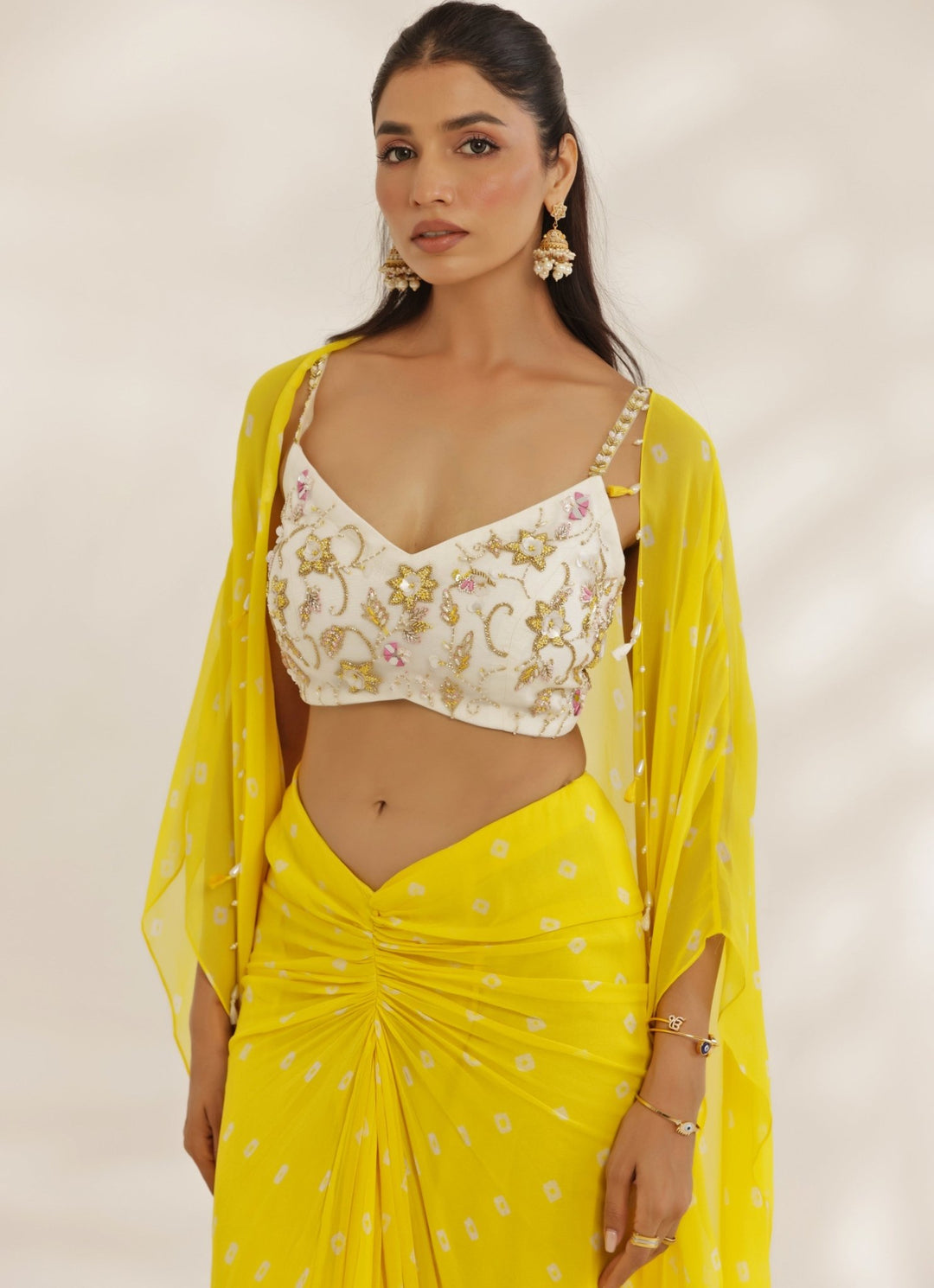 Yellow And Ivory Georgette Embroidered Drape Skirt Set Manisha Soni - Fabilicious Fashion