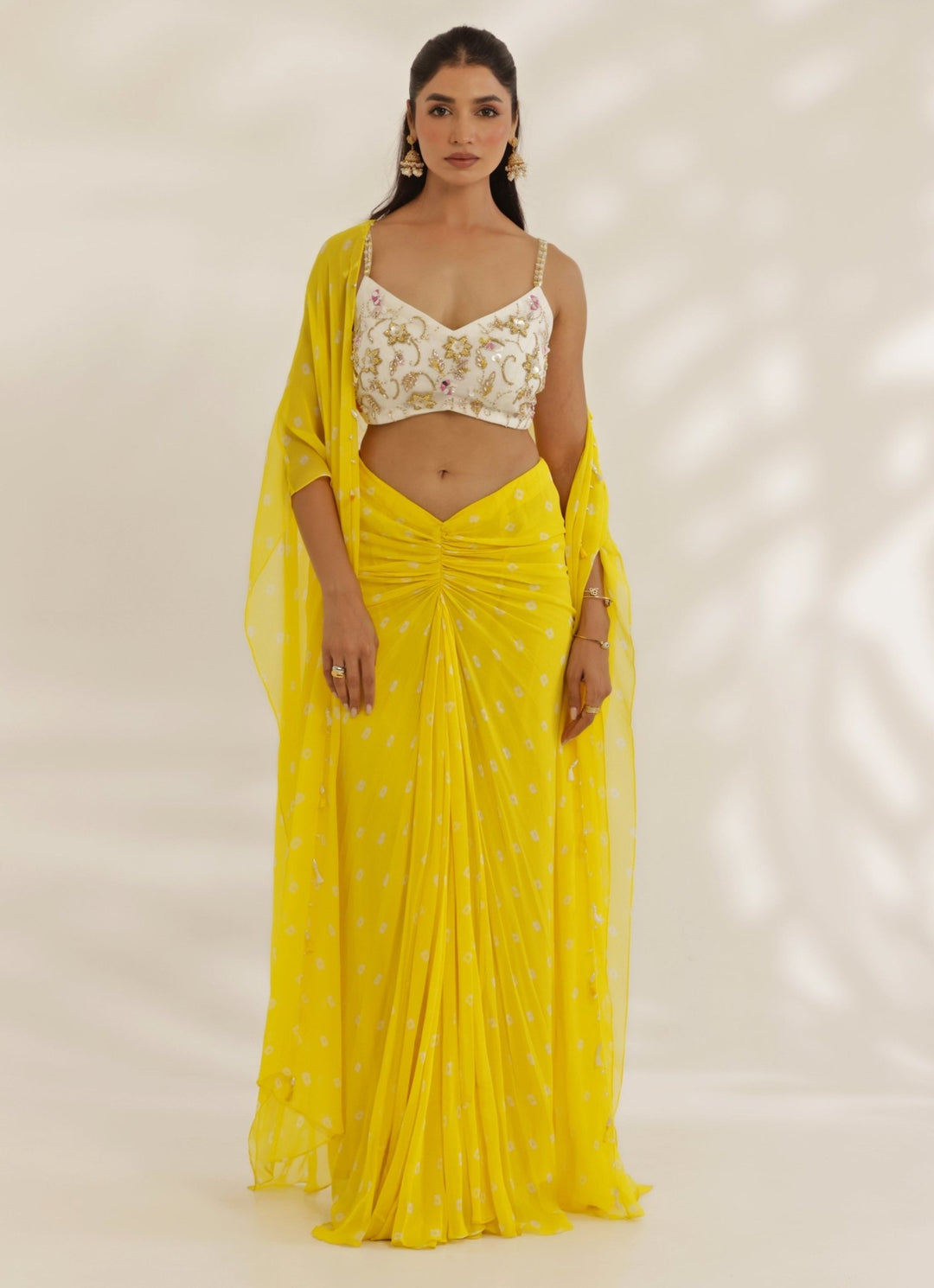 Yellow And Ivory Georgette Embroidered Drape Skirt Set Manisha Soni - Fabilicious Fashion