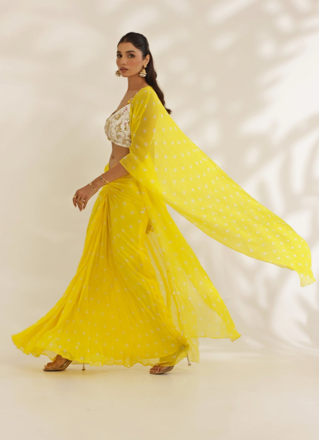 Yellow And Ivory Georgette Embroidered Drape Skirt Set Manisha Soni - Fabilicious Fashion