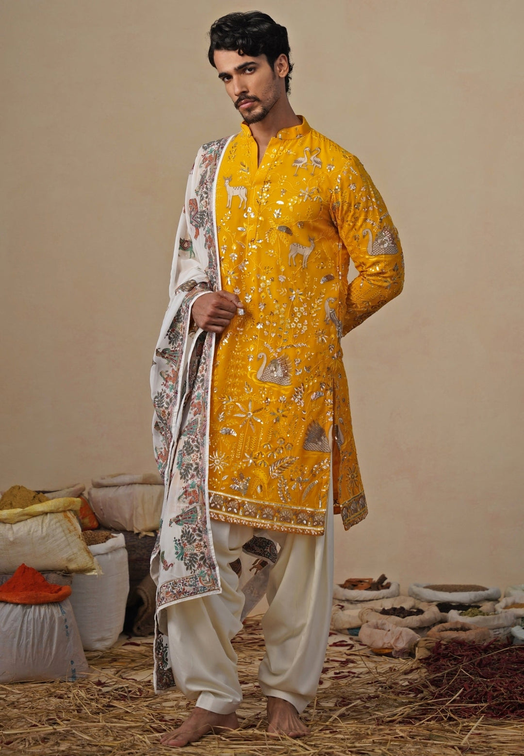 Yellow and Ivory Georgette Kurta and Patiala Pants Kalpraag - Fabilicious Fashion