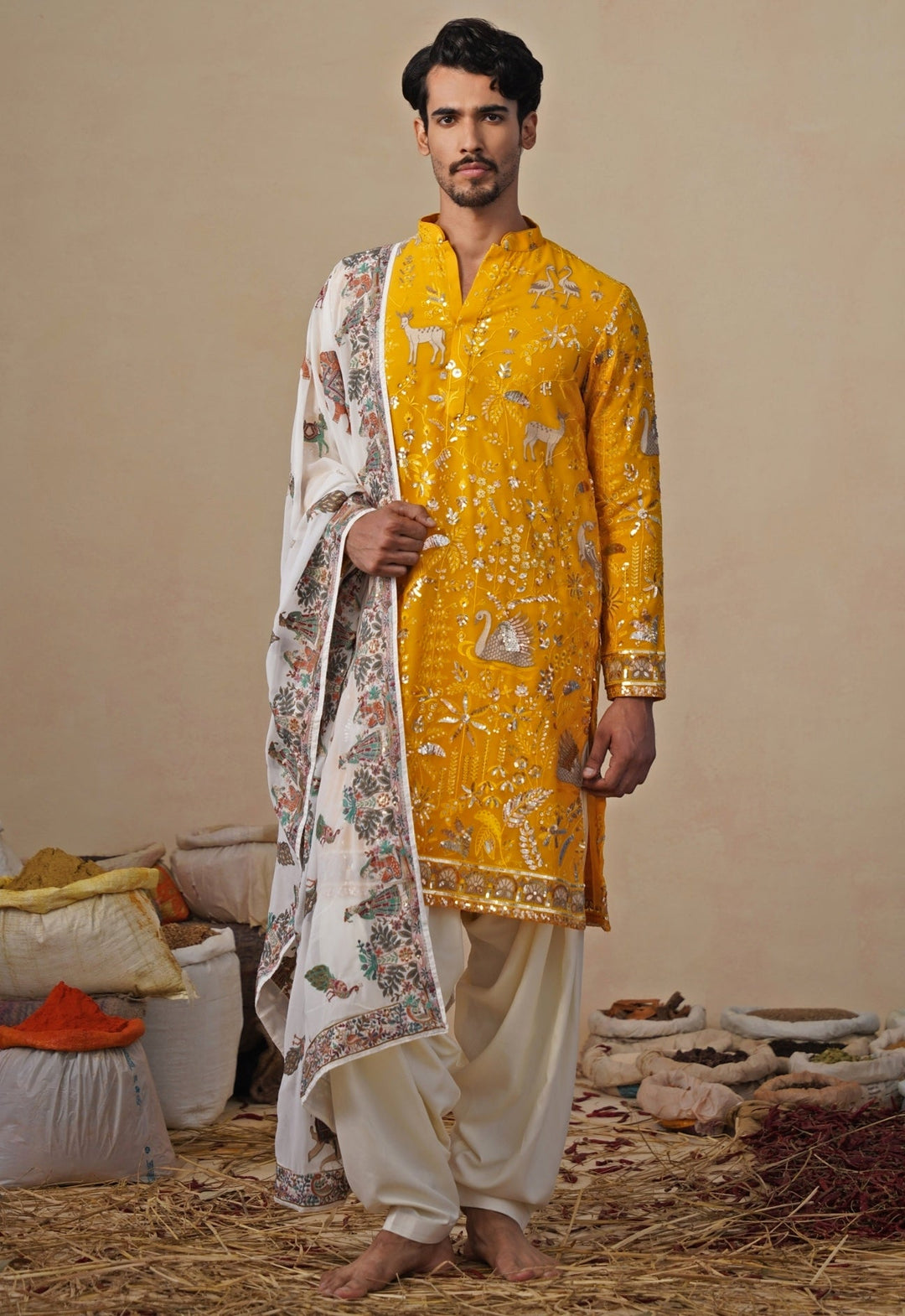 Yellow and Ivory Georgette Kurta and Patiala Pants Kalpraag - Fabilicious Fashion