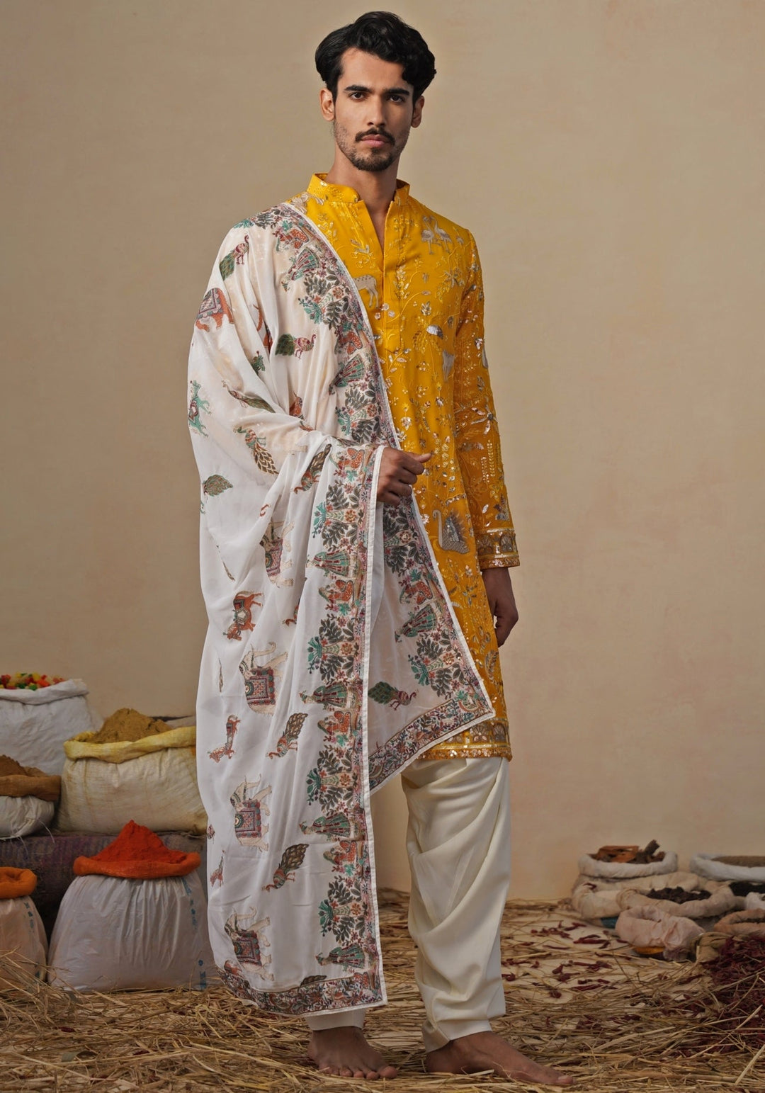 Yellow and Ivory Georgette Kurta and Patiala Pants Kalpraag - Fabilicious Fashion