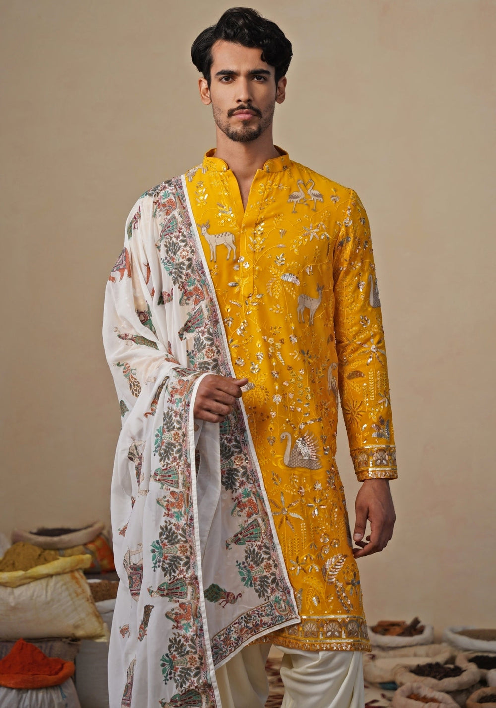 Yellow and Ivory Georgette Kurta and Patiala Pants Kalpraag - Fabilicious Fashion