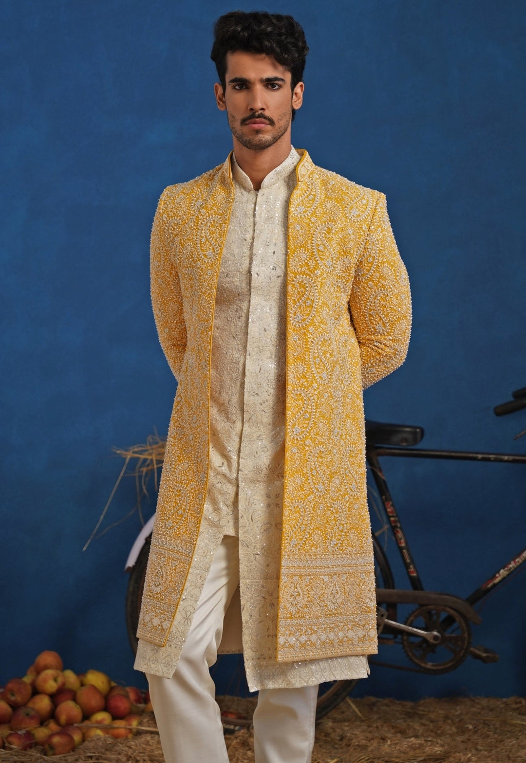 Yellow and Ivory Georgette Sherwani Set Kalpraag - Fabilicious Fashion