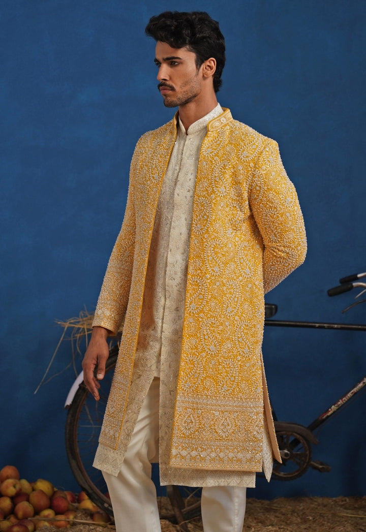 Yellow and Ivory Georgette Sherwani Set Kalpraag - Fabilicious Fashion