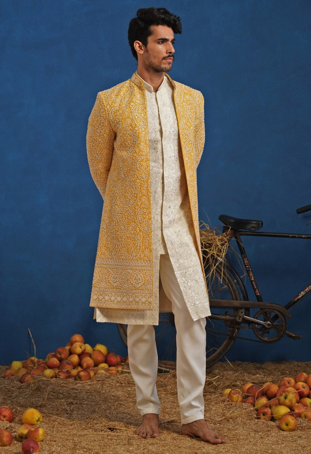 Yellow and Ivory Georgette Sherwani Set Kalpraag - Fabilicious Fashion