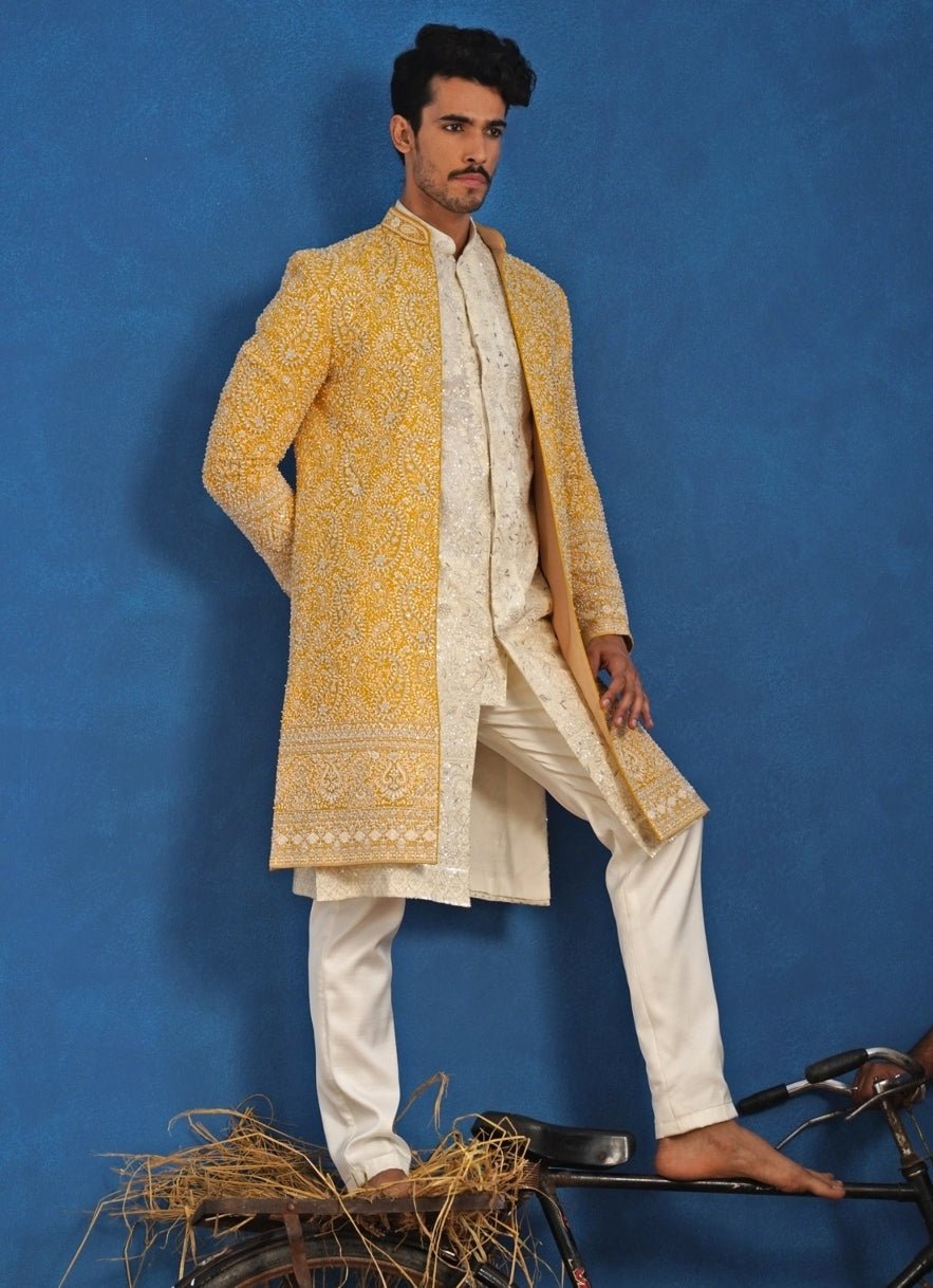 Yellow and Ivory Georgette Sherwani Set Kalpraag - Fabilicious Fashion