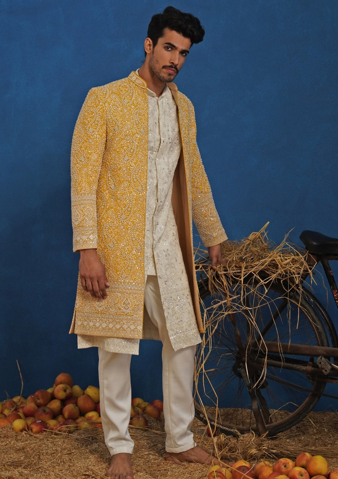 Yellow and Ivory Georgette Sherwani Set Kalpraag - Fabilicious Fashion