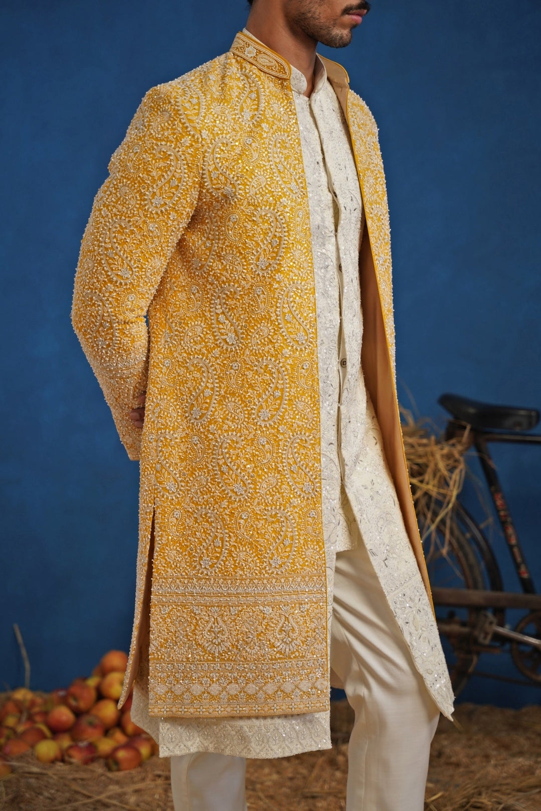 Yellow and Ivory Georgette Sherwani Set Kalpraag - Fabilicious Fashion