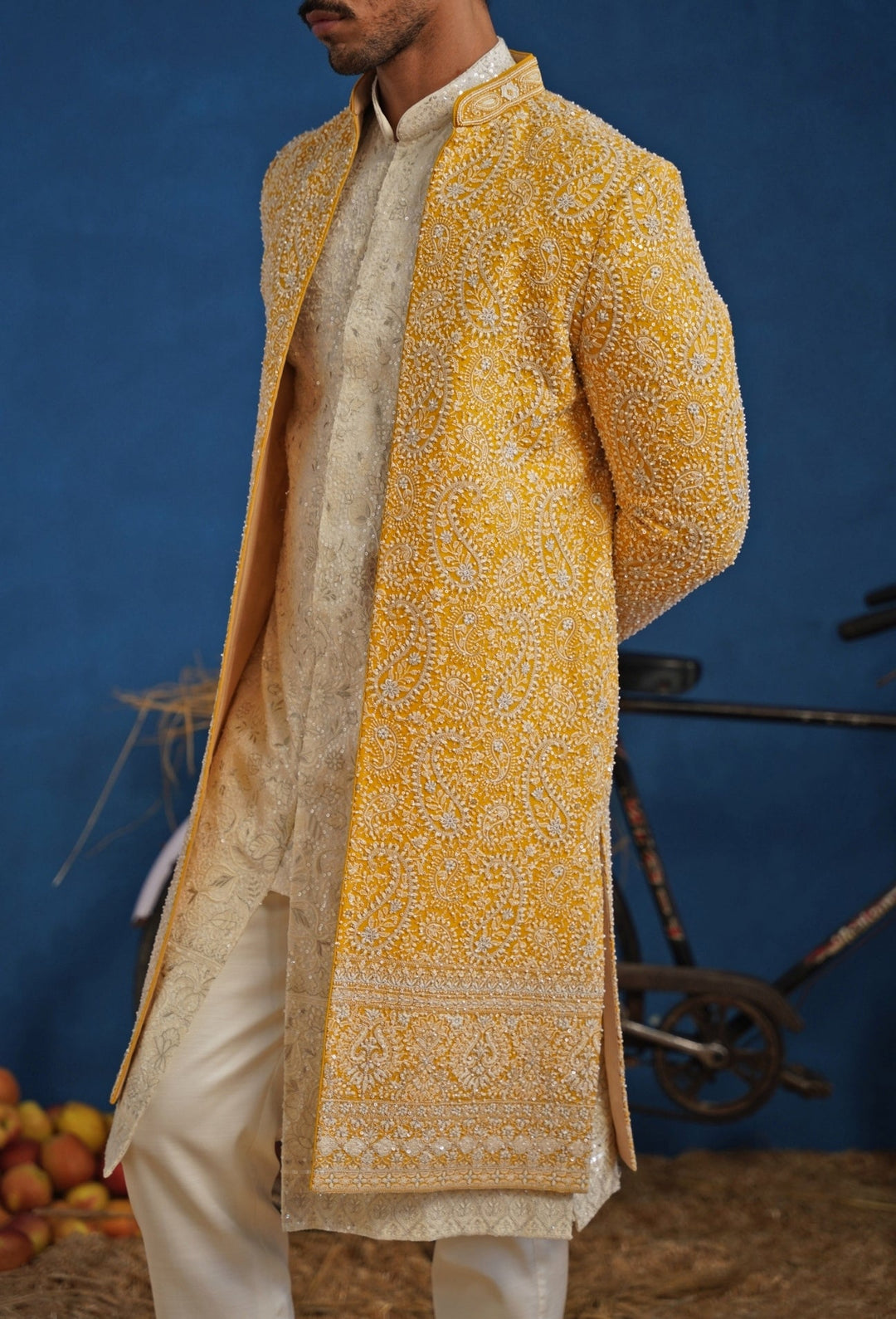 Yellow and Ivory Georgette Sherwani Set Kalpraag - Fabilicious Fashion