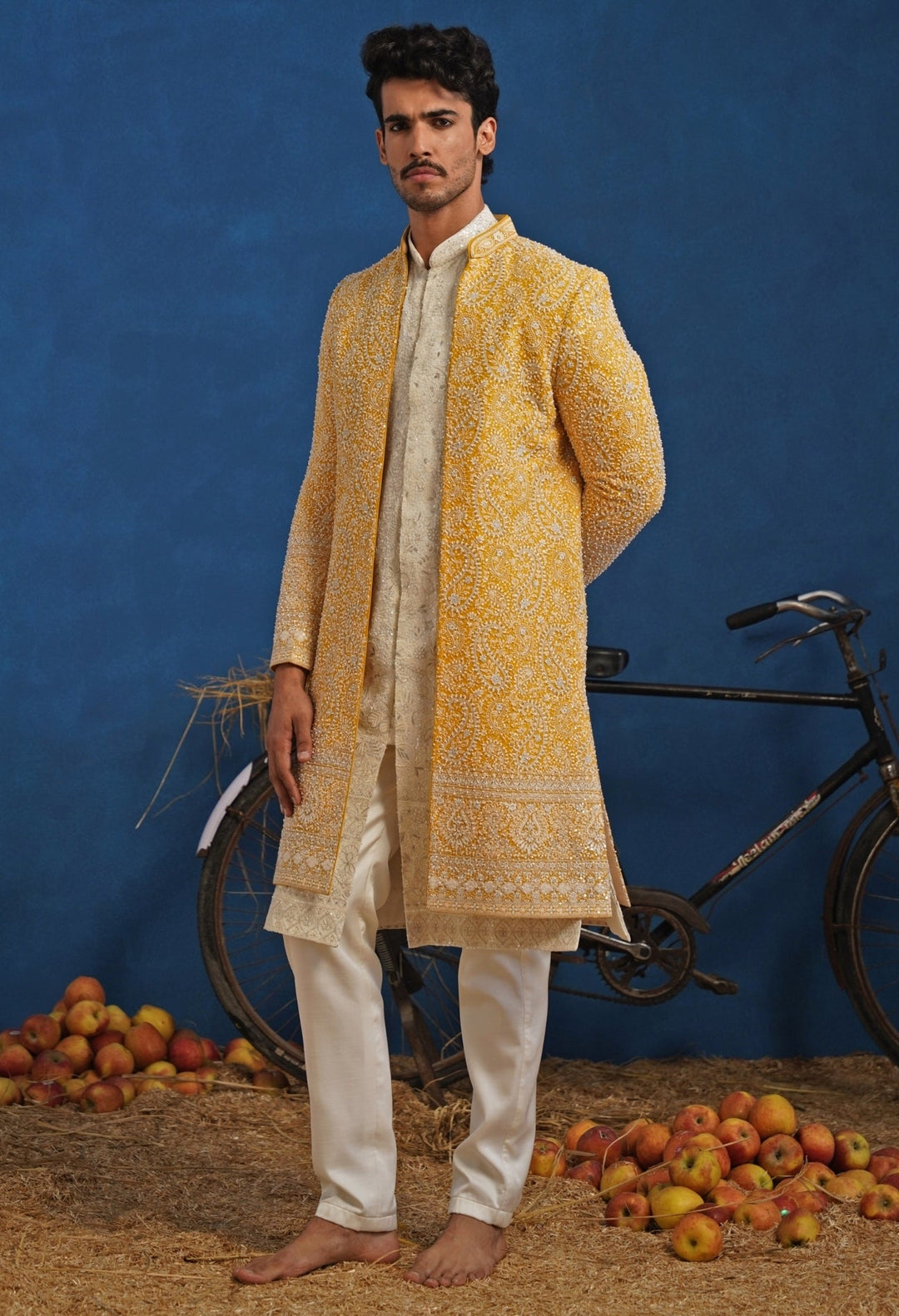Yellow and Ivory Georgette Sherwani Set Kalpraag - Fabilicious Fashion