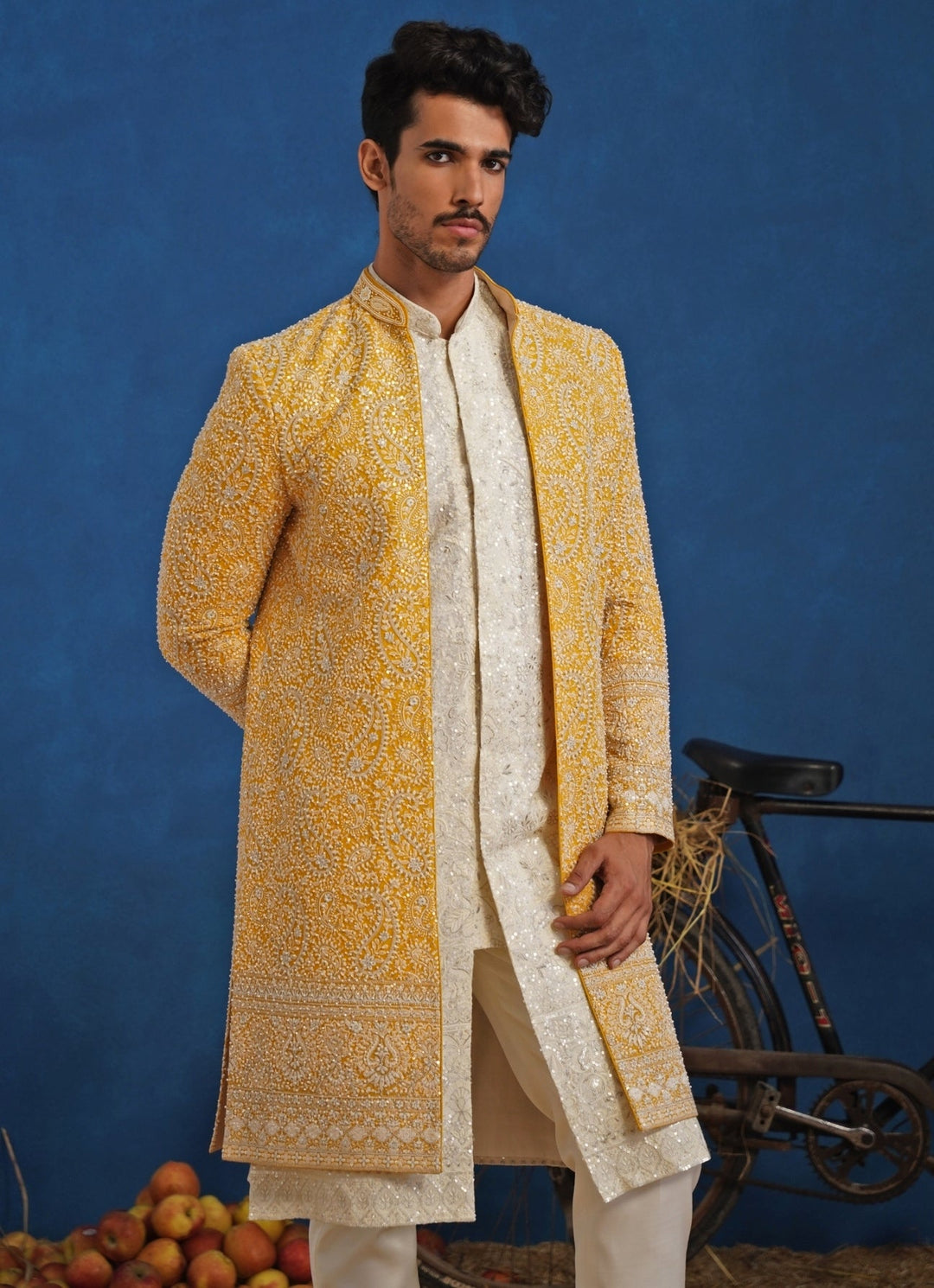 Yellow and Ivory Georgette Sherwani Set Kalpraag - Fabilicious Fashion