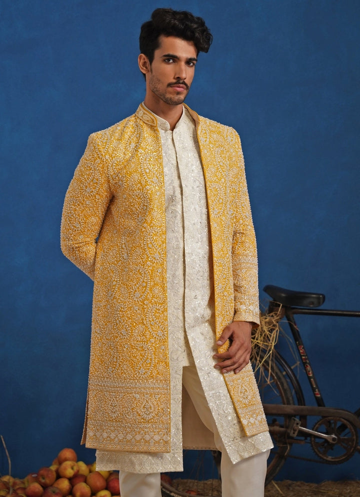 Yellow and Ivory Georgette Sherwani Set Kalpraag - Fabilicious Fashion