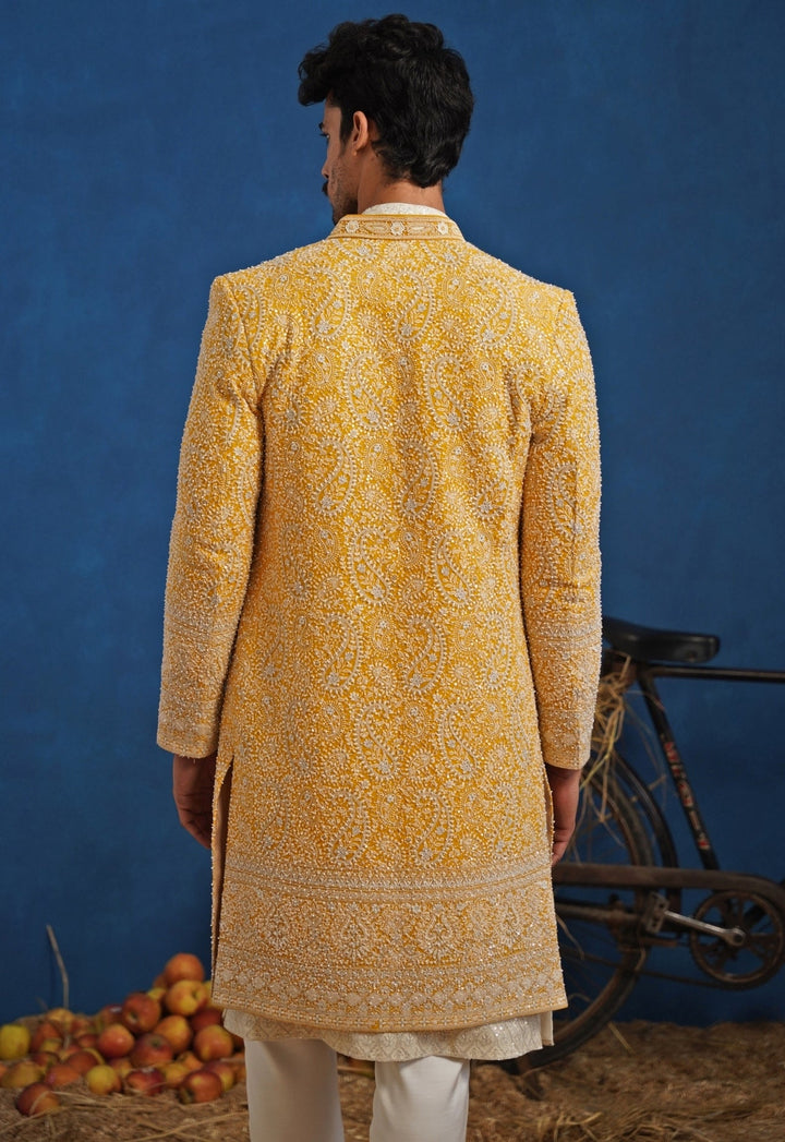 Yellow and Ivory Georgette Sherwani Set Kalpraag - Fabilicious Fashion