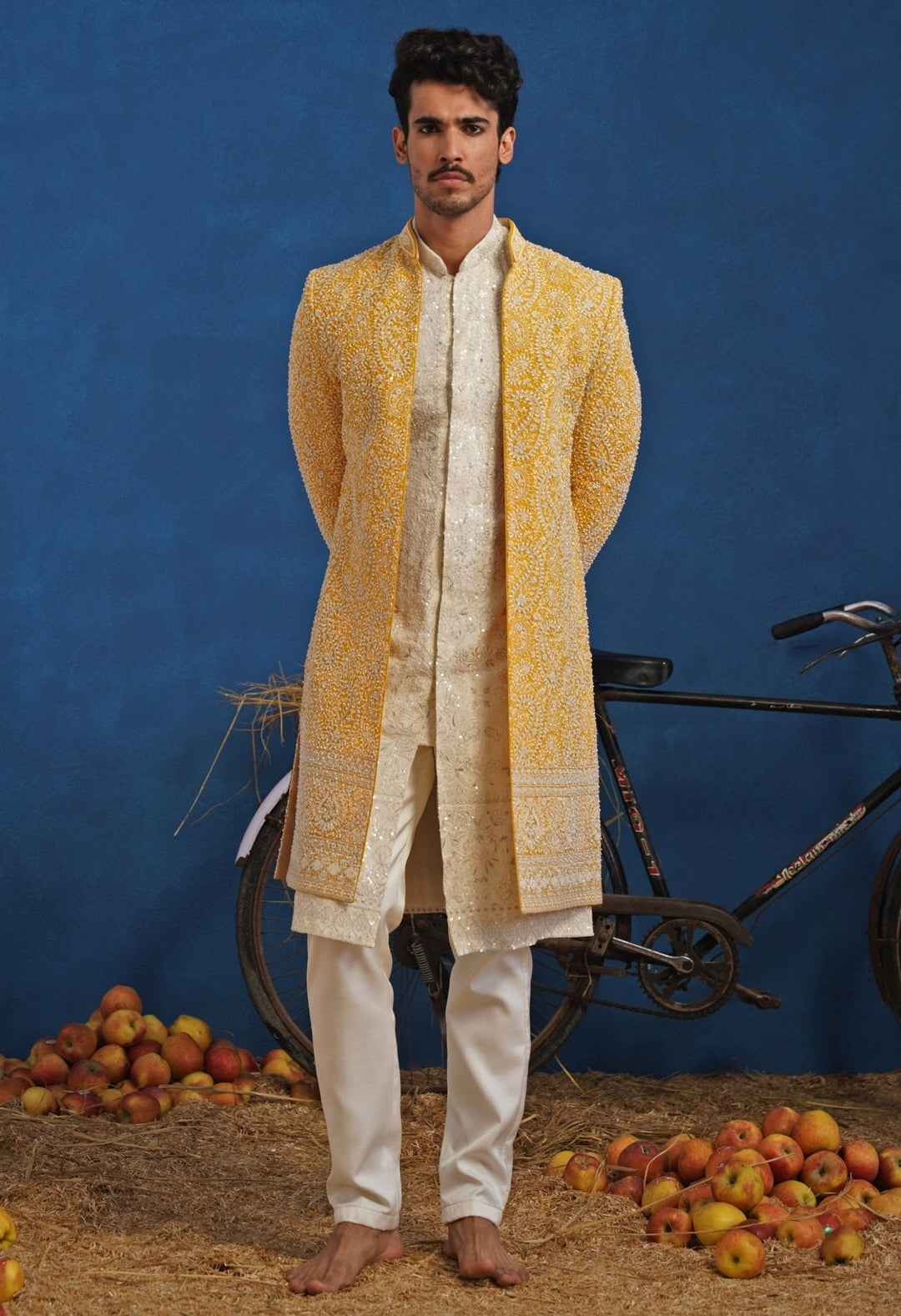 Yellow and Ivory Georgette Sherwani Set Kalpraag - Fabilicious Fashion
