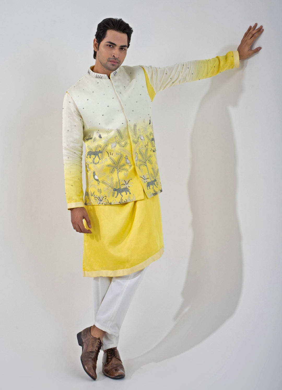 Yellow And Ivory Ombre Nehru Jacket With Kurta Set Smriti - Fabilicious Fashion