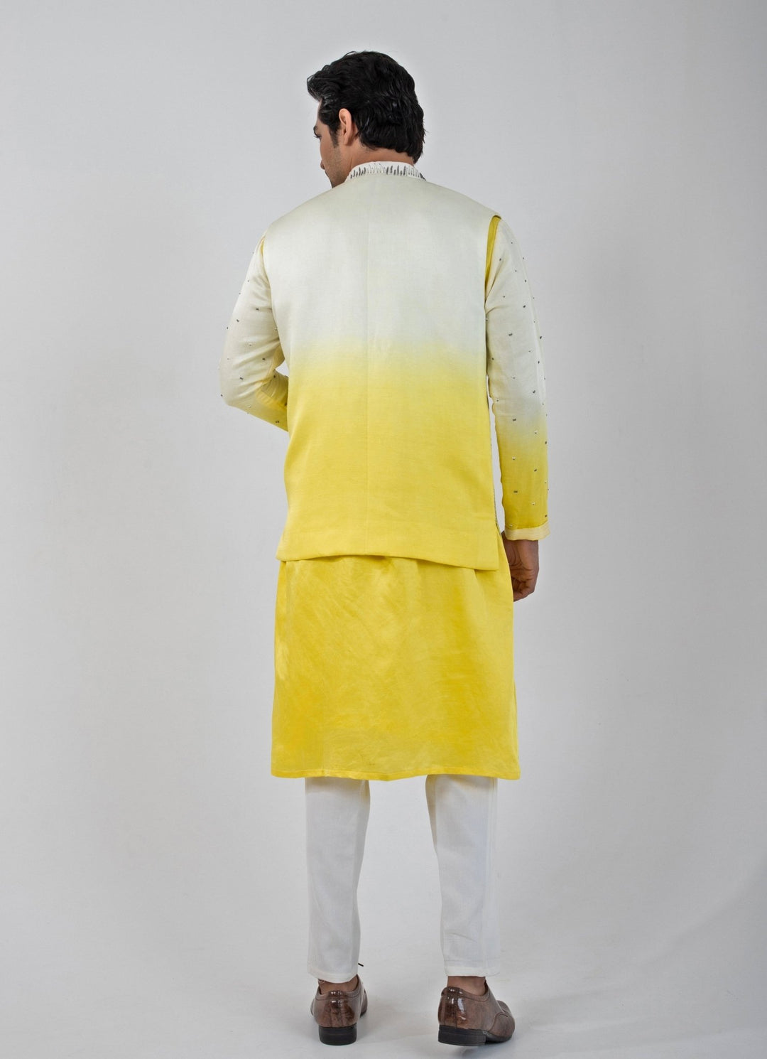 Yellow And Ivory Ombre Satin Nehru Jacket Smriti - Fabilicious Fashion
