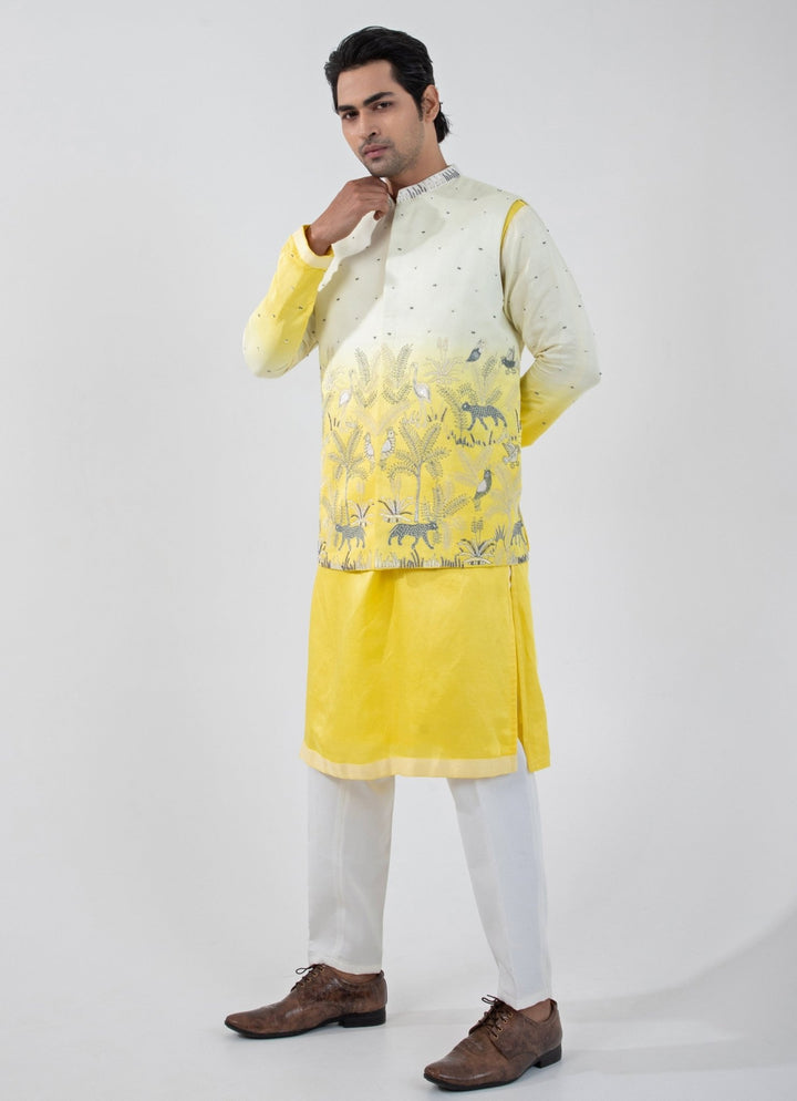 Yellow And Ivory Ombre Satin Nehru Jacket Smriti - Fabilicious Fashion