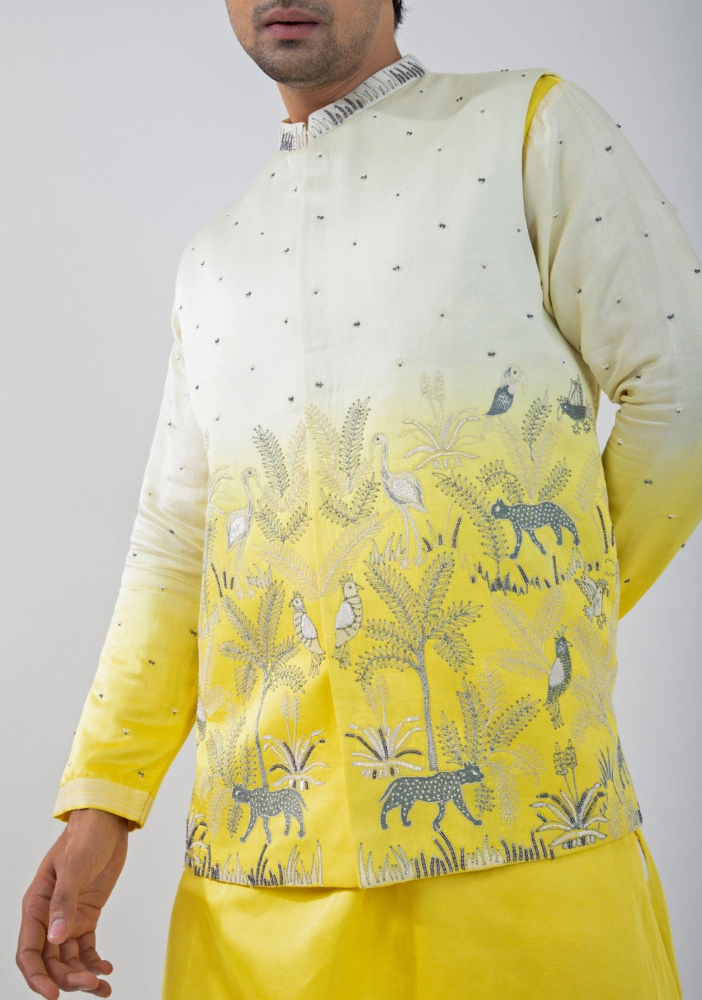Yellow And Ivory Ombre Satin Nehru Jacket Smriti - Fabilicious Fashion