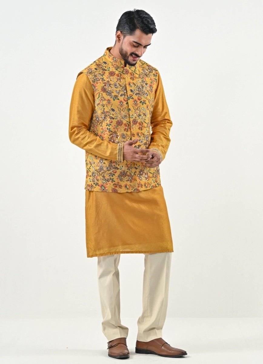 Yellow and Ivory Printed Chinon Bundi with Kurta Pants Set Juhi Bengani - Men - Fabilicious Fashion