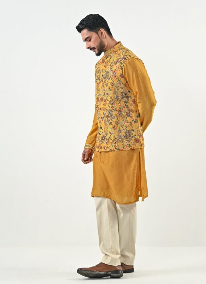 Yellow and Ivory Printed Chinon Bundi with Kurta Pants Set Juhi Bengani - Men - Fabilicious Fashion