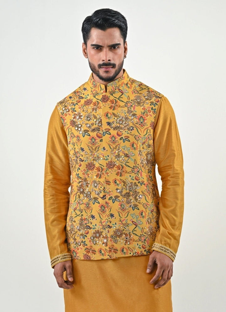 Yellow and Ivory Printed Chinon Bundi with Kurta Pants Set Juhi Bengani - Men - Fabilicious Fashion