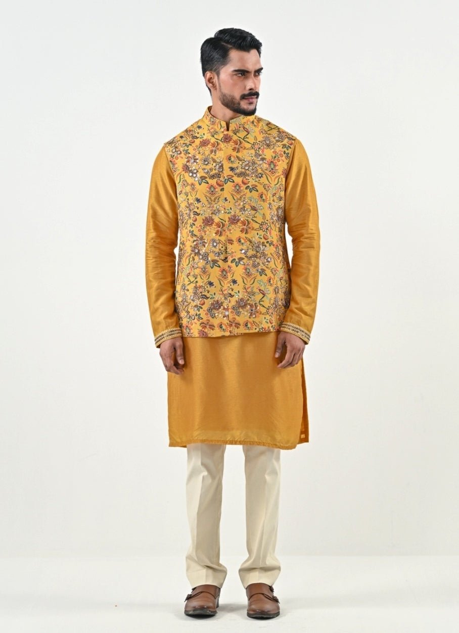 Yellow and Ivory Printed Chinon Bundi with Kurta Pants Set Juhi Bengani - Men - Fabilicious Fashion