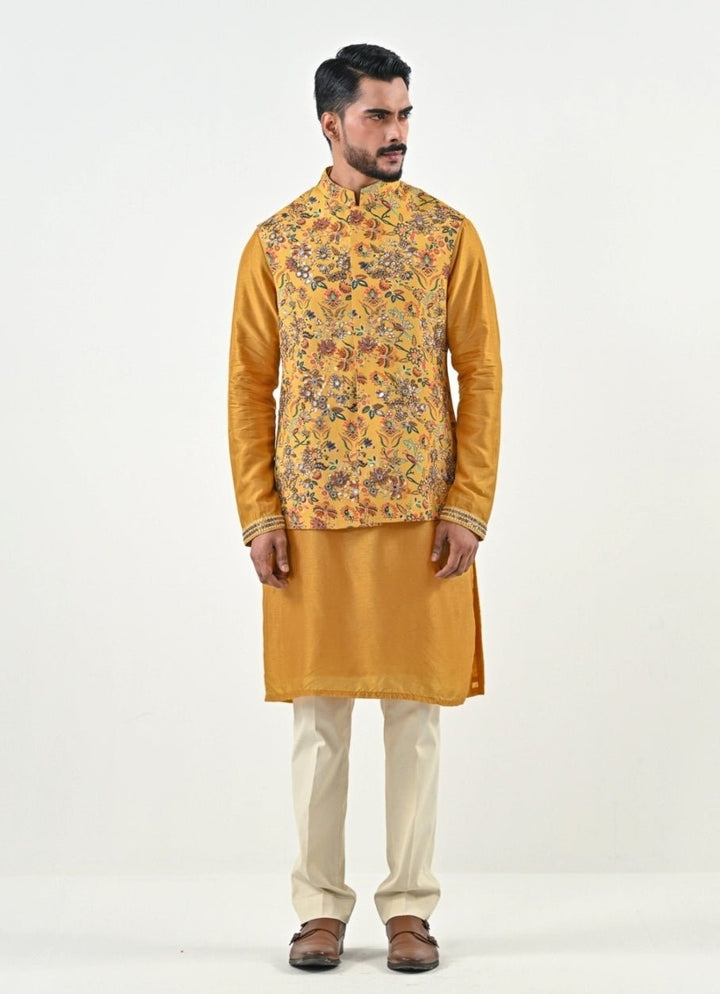Yellow and Ivory Printed Chinon Bundi with Kurta Pants Set Juhi Bengani - Men - Fabilicious Fashion