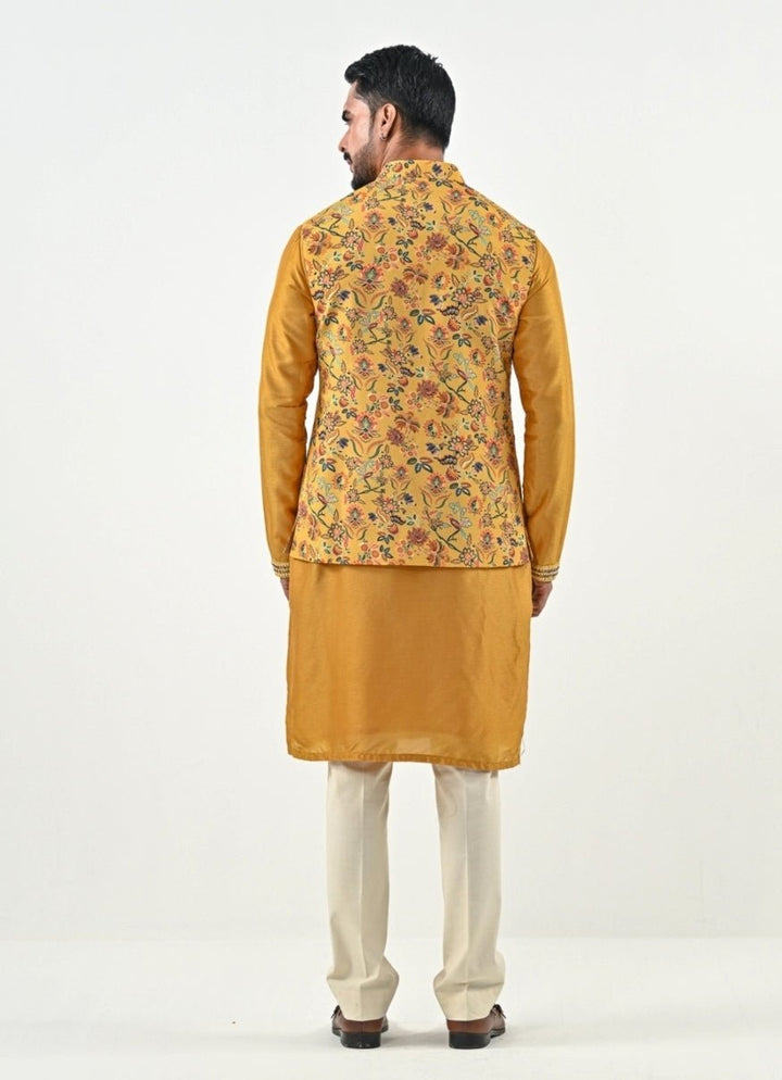 Yellow and Ivory Printed Chinon Bundi with Kurta Pants Set Juhi Bengani - Men - Fabilicious Fashion