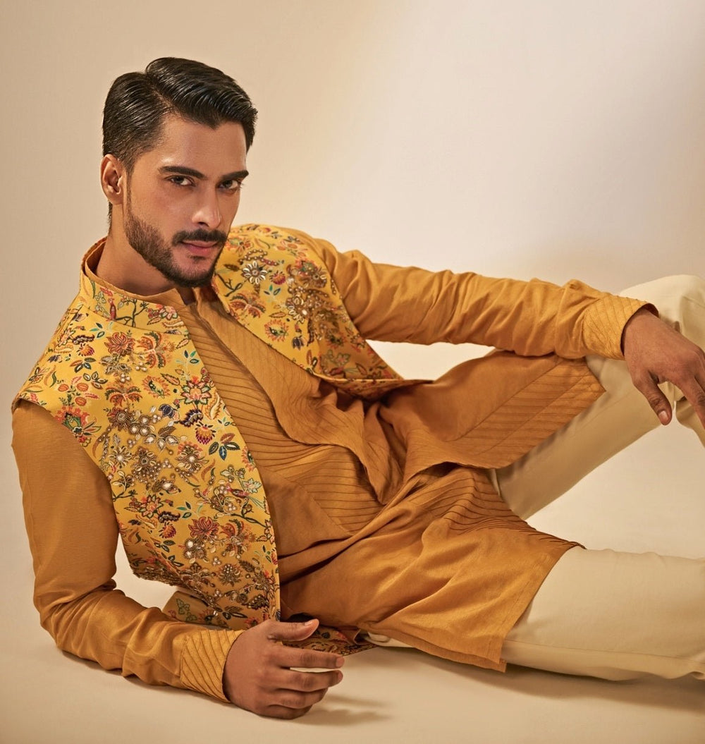 Yellow and Ivory Printed Chinon Half Jacket Set Juhi Bengani - Men - Fabilicious Fashion