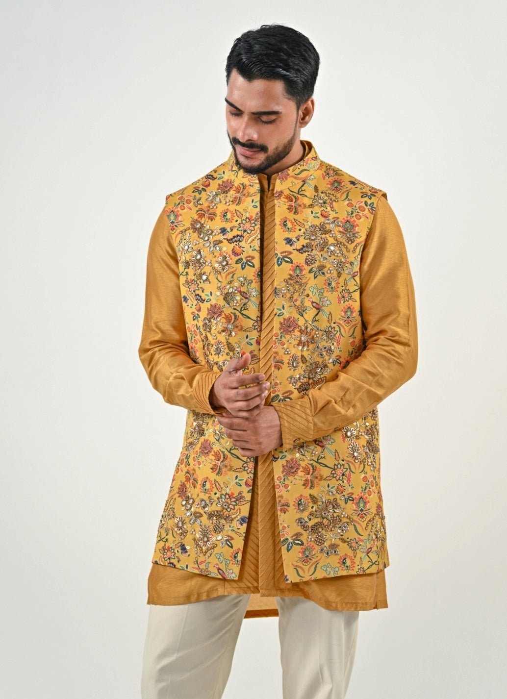 Yellow and Ivory Printed Chinon Half Jacket Set Juhi Bengani - Men - Fabilicious Fashion