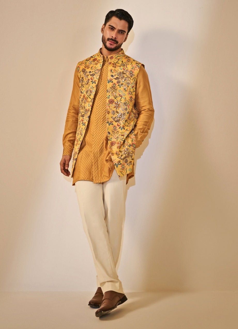 Yellow and Ivory Printed Chinon Half Jacket Set Juhi Bengani - Men - Fabilicious Fashion