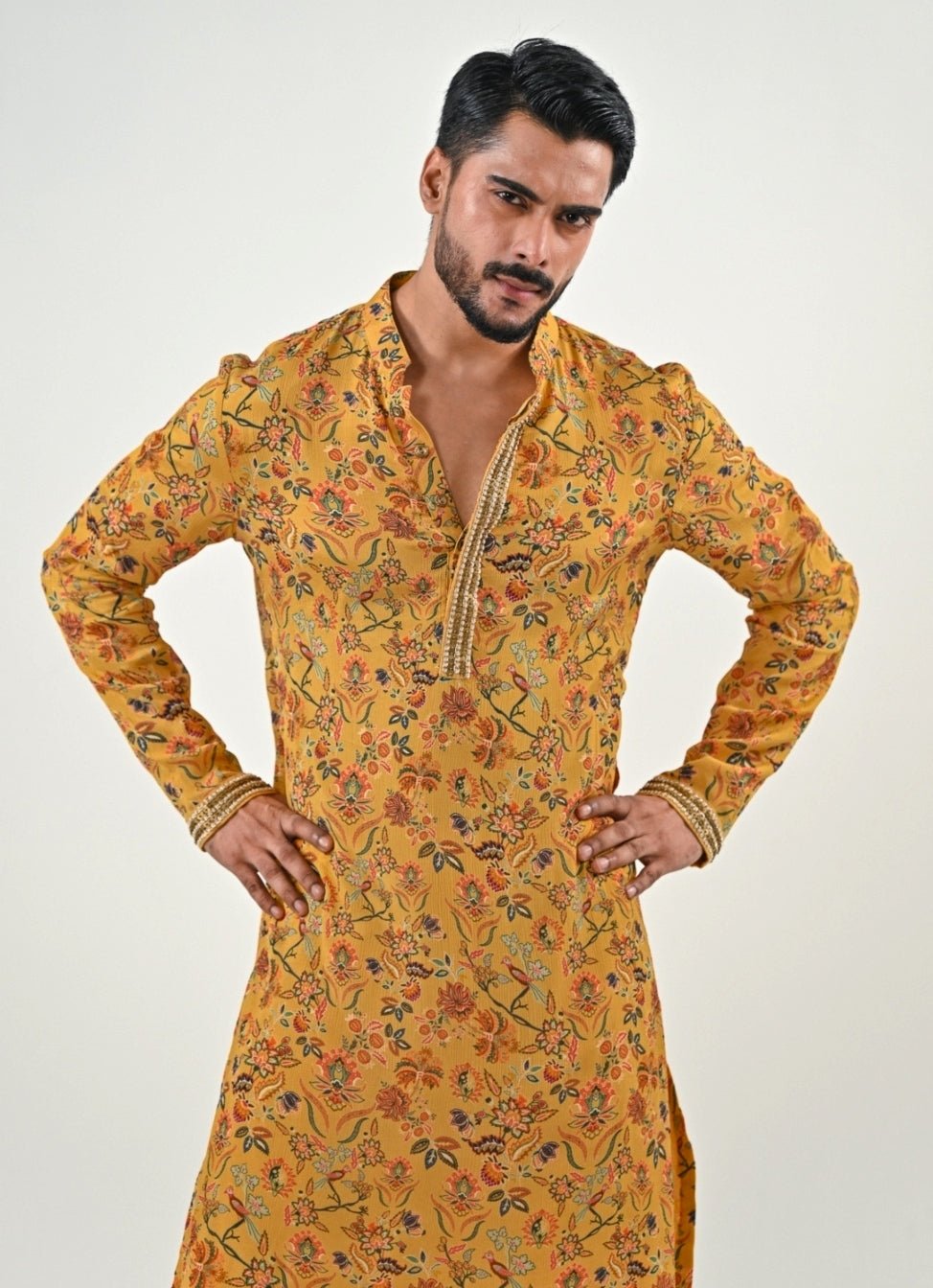 Yellow and Ivory Printed Chinon Kurta with Cowl Pants Juhi Bengani - Men - Fabilicious Fashion
