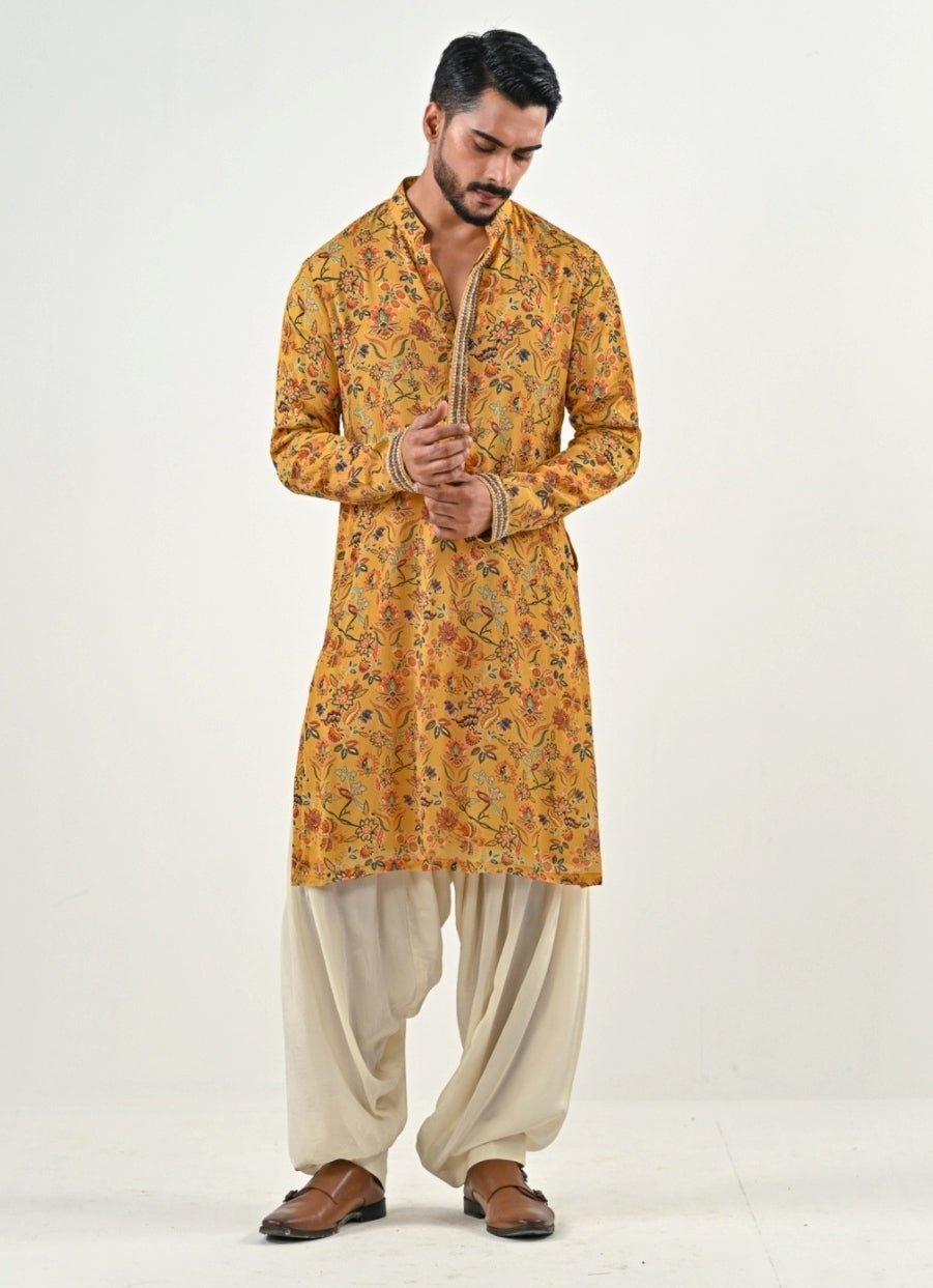 Yellow and Ivory Printed Chinon Kurta with Cowl Pants Juhi Bengani - Men - Fabilicious Fashion