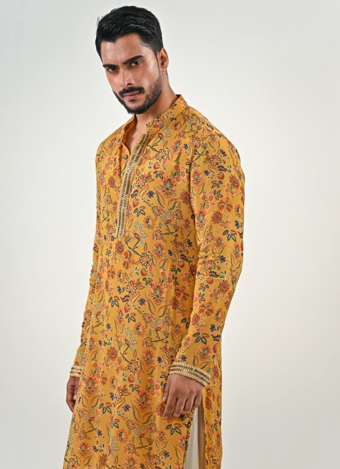 Yellow and Ivory Printed Chinon Kurta with Cowl Pants Juhi Bengani - Men - Fabilicious Fashion