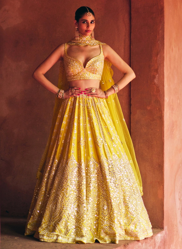 Yellow And Ivory Raw Silk Lehenga Set Angad Singh - Fabilicious Fashion