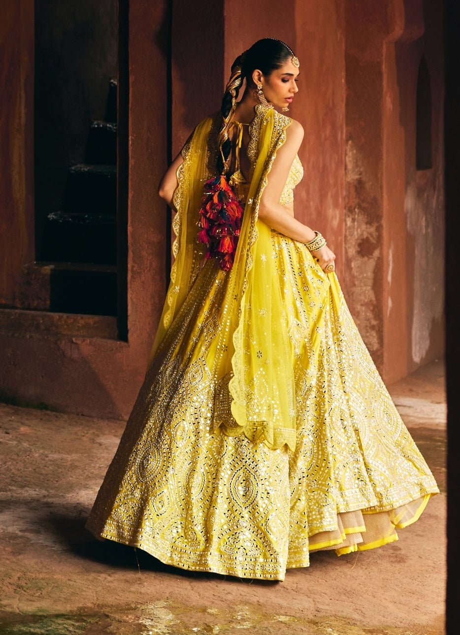 Yellow And Ivory Raw Silk Lehenga Set Angad Singh - Fabilicious Fashion