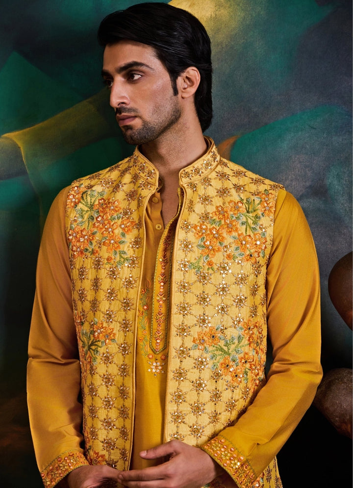 Yellow and Ivory Raw Silk Nehru Jacket Set Nitika Gujral - Men - Fabilicious Fashion
