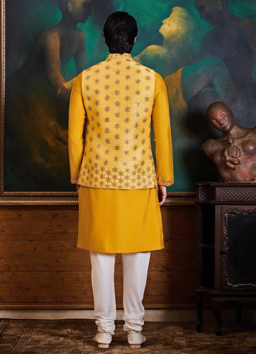 Yellow and Ivory Raw Silk Nehru Jacket Set Nitika Gujral - Men - Fabilicious Fashion