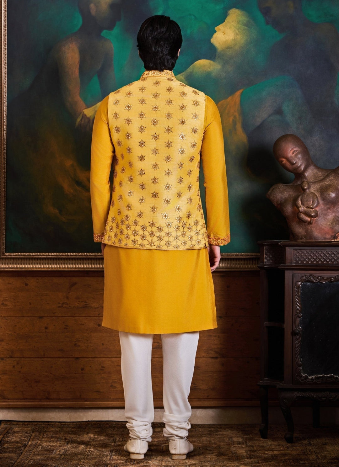 Yellow and Ivory Raw Silk Nehru Jacket Set Nitika Gujral - Men - Fabilicious Fashion