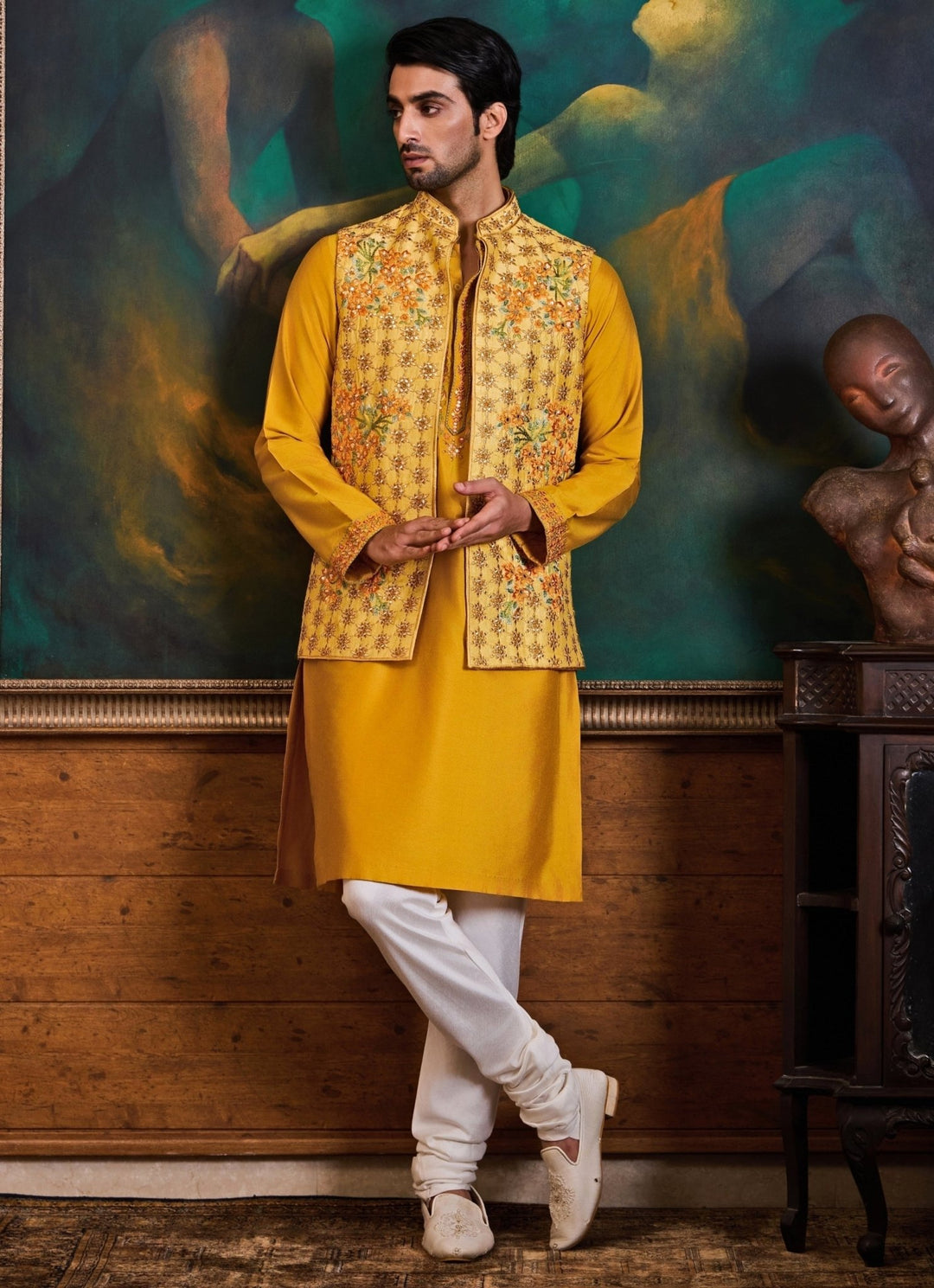 Yellow and Ivory Raw Silk Nehru Jacket Set Nitika Gujral - Men - Fabilicious Fashion