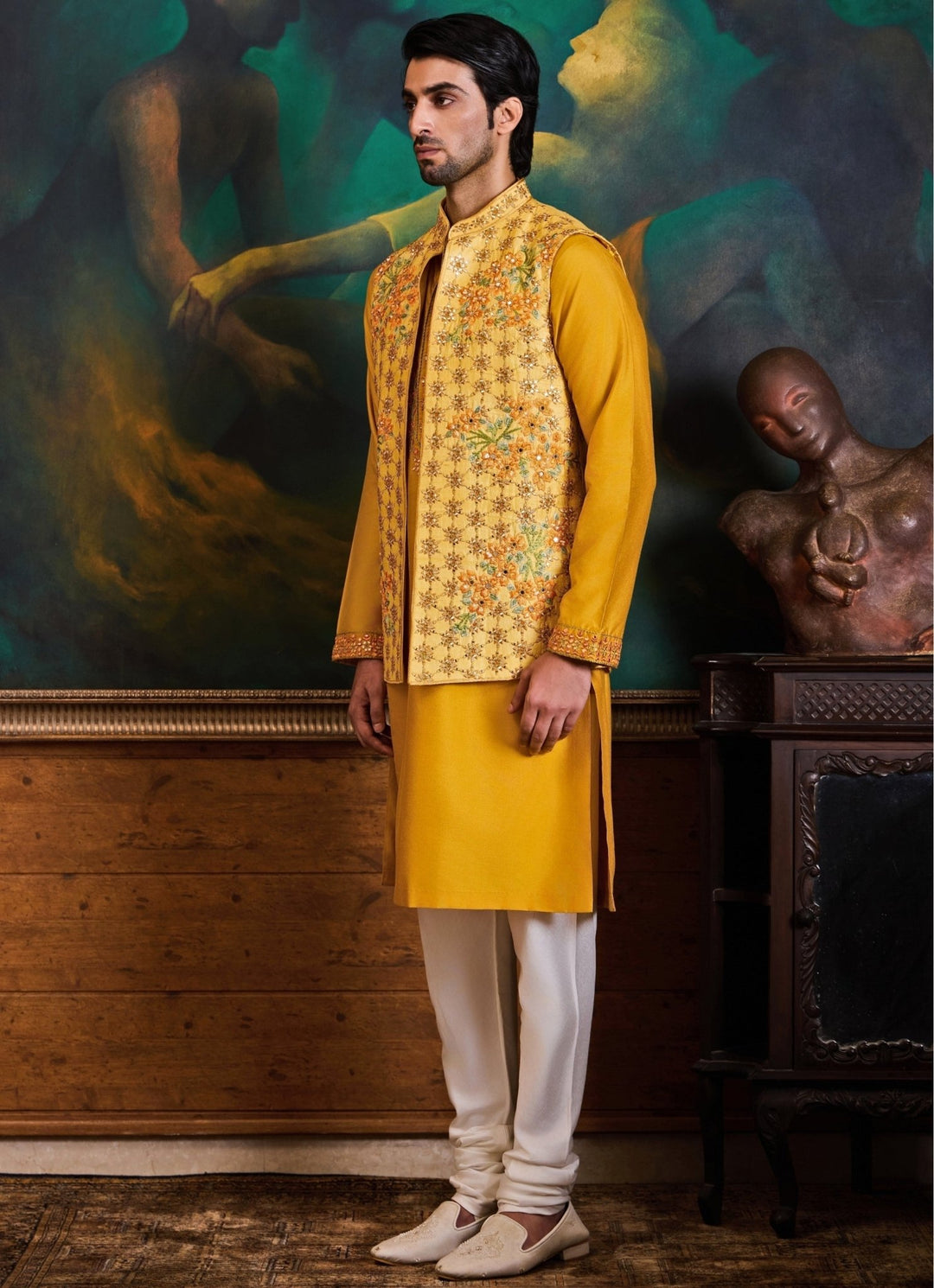 Yellow and Ivory Raw Silk Nehru Jacket Set Nitika Gujral - Men - Fabilicious Fashion