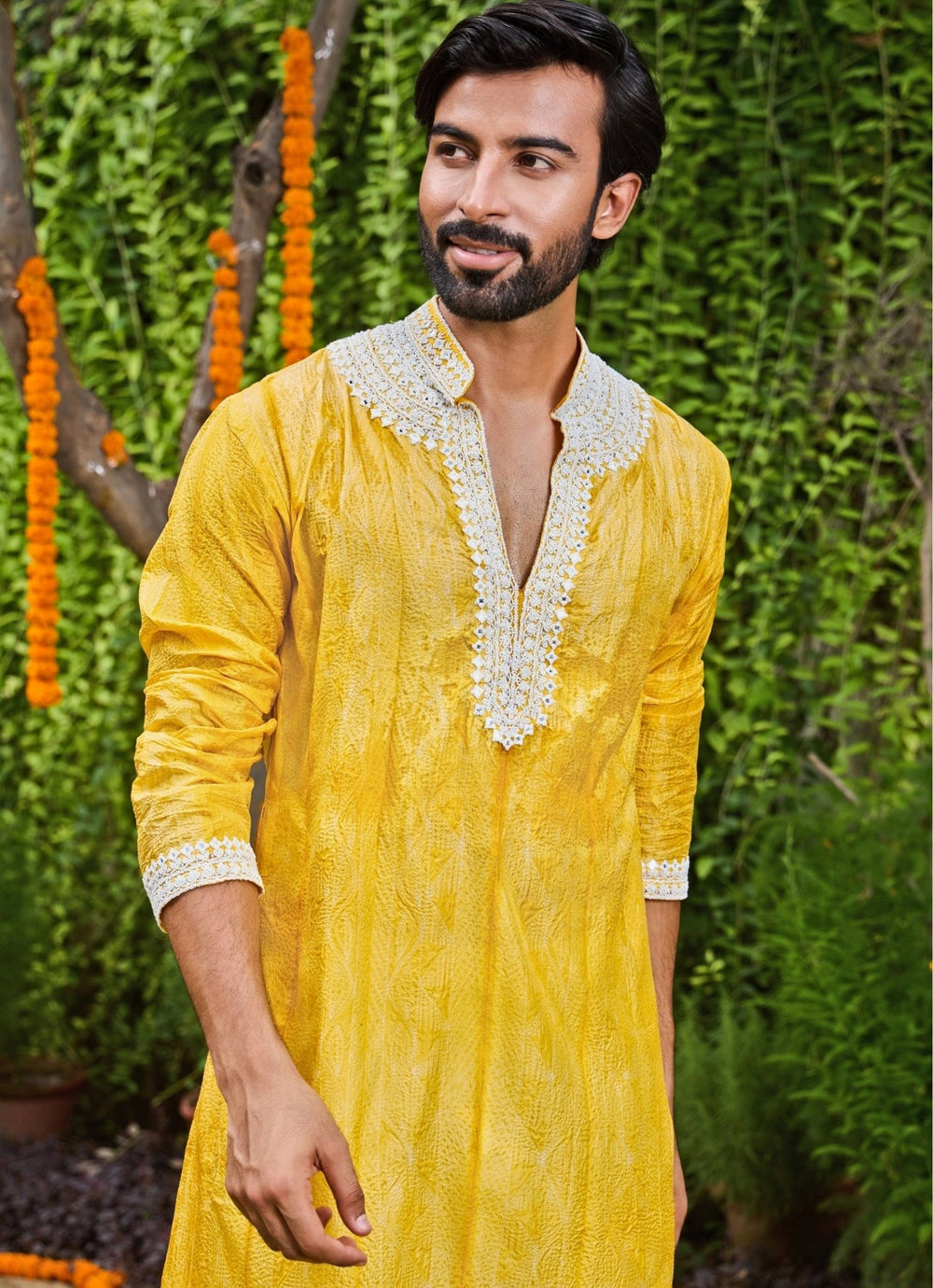 Yellow and Ivory Silk Kurta Set Nitika Gujral - Men - Fabilicious Fashion