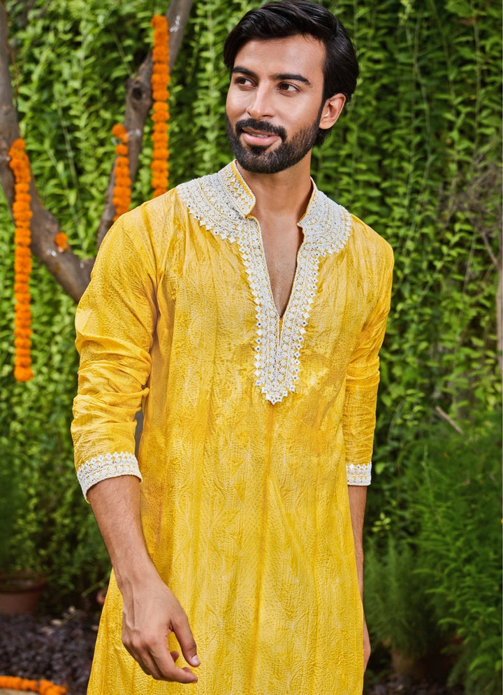Yellow and Ivory Silk Kurta Set Nitika Gujral - Men - Fabilicious Fashion