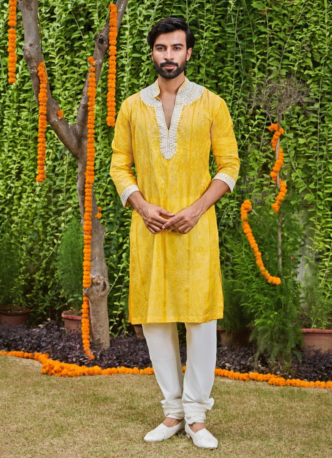 Yellow and Ivory Silk Kurta Set Nitika Gujral - Men - Fabilicious Fashion