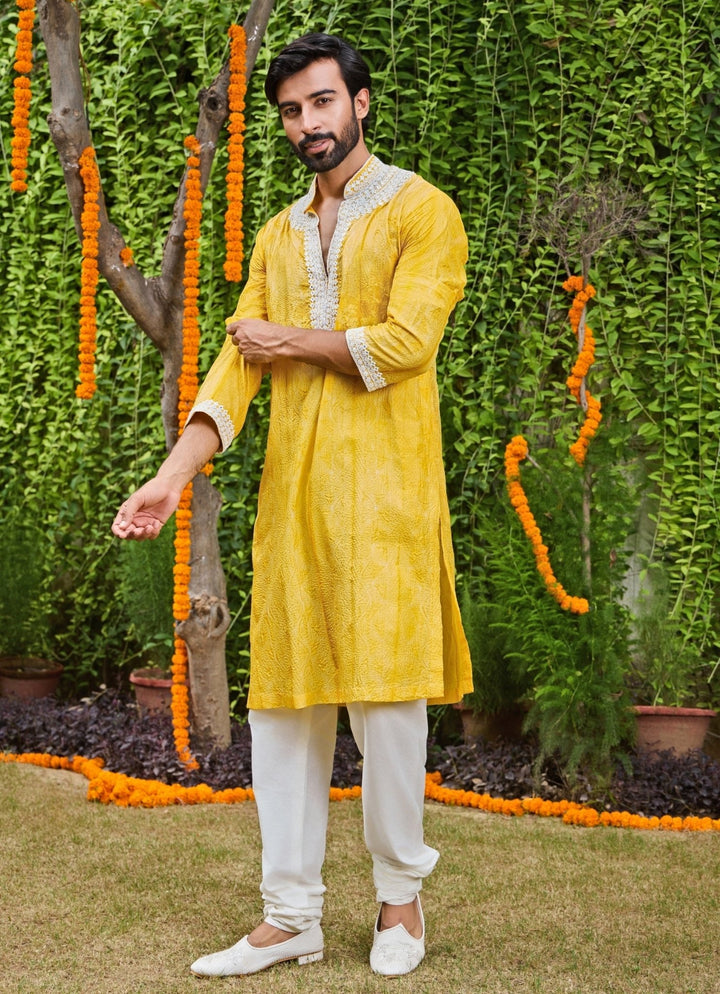 Yellow and Ivory Silk Kurta Set Nitika Gujral - Men - Fabilicious Fashion