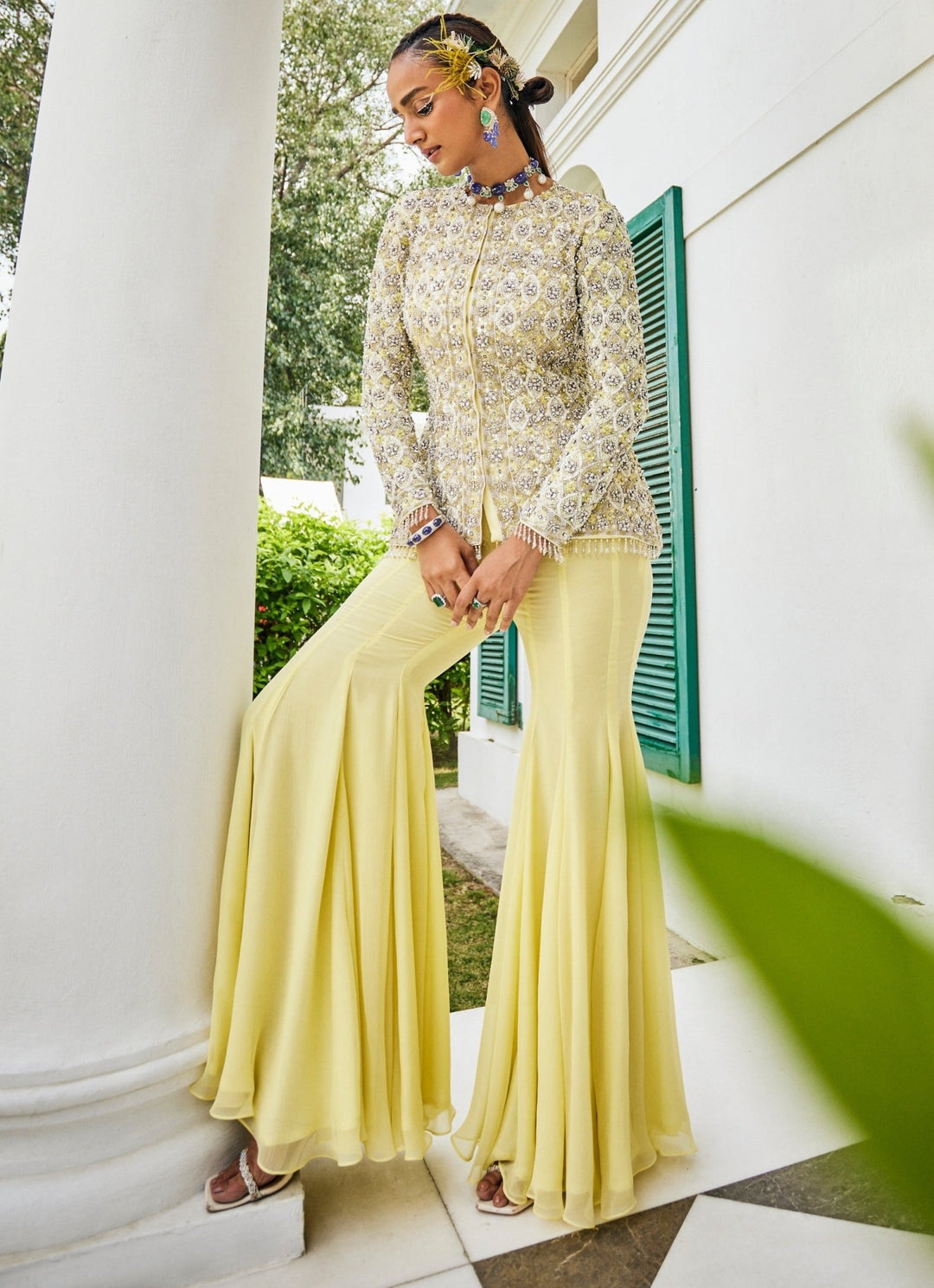 Yellow And Lilac Embroidered Jacket Kurta Sharara Set Mani Bhatia - Fabilicious Fashion